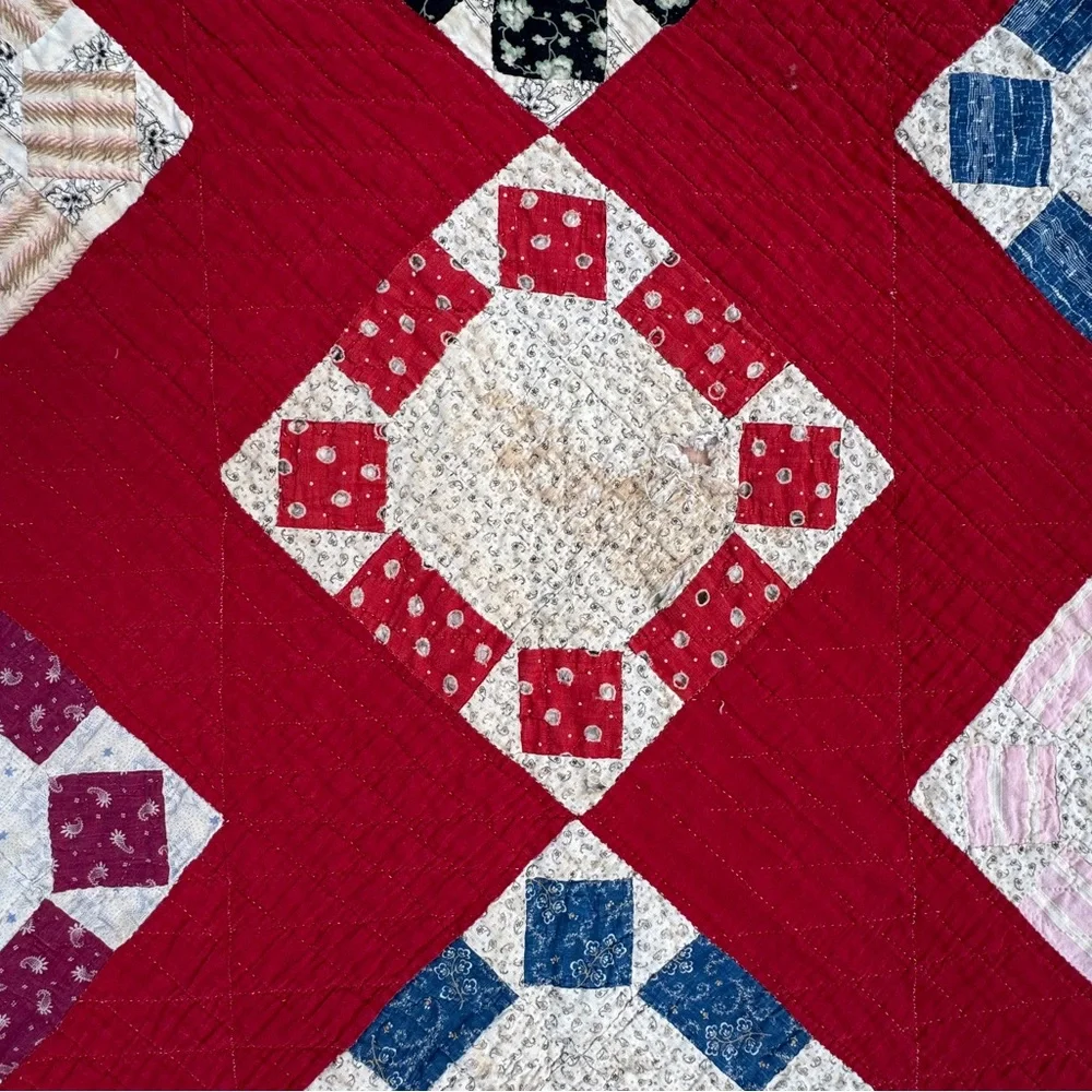 Antique 1880-1910, Reversible Quilt, Churn Dash & Tumbling Blocks. 74x78”. TVR